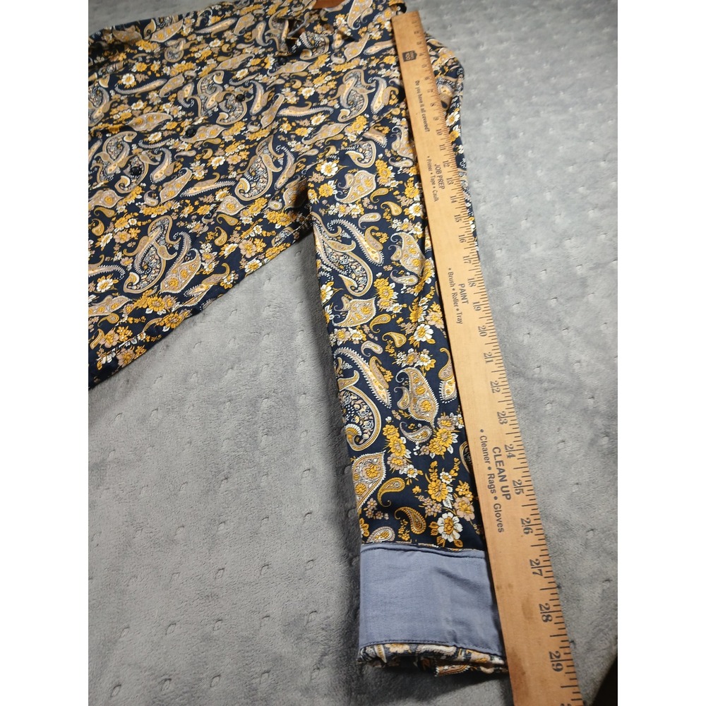 Consequence Mens Slim Fit Paisley Floral Button Down Shirt Navy Yellow Medium - Picture 7 of 8